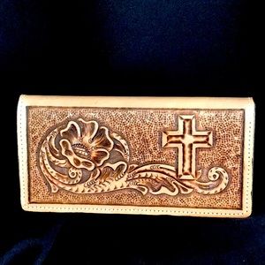 All leather hand tooled roper check/wallet with cross.